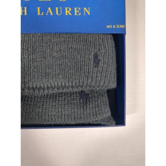 Polo Ralph Lauren Hat and Scarf Set Gray Black Striped Acrylic 2 Piece Gift Set - Picture 2 of 6